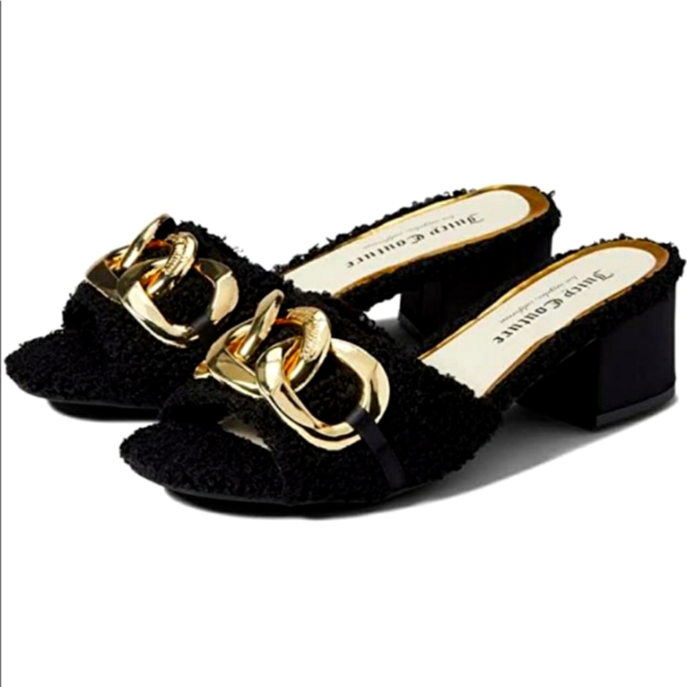 Y2K Juicy Couture Zumi Black Sherpa Heeled Sandals Size 8